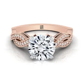 14K Rose Gold Round Brilliant Antique Twisted Open Beaded Diamond Halo Engagement Ring -1/5ctw