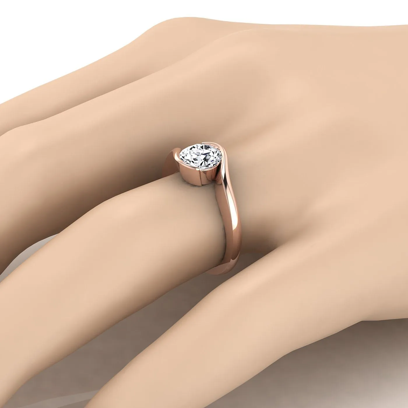 14K Rose Gold Round Brilliant  Half Bezel Twist Tension Set Solitaire Engagement Ring