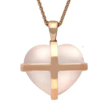 18ct Rose Gold Rose Quartz Large Cross Heart Necklace