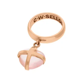 18ct Rose Gold Rose Quartz Small Cross Heart Dropper Ring