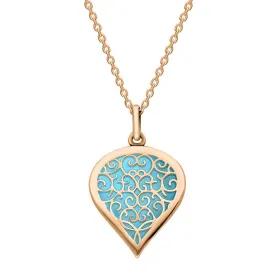 18ct Rose Gold Turquoise Flore Filigree Medium Heart Necklace