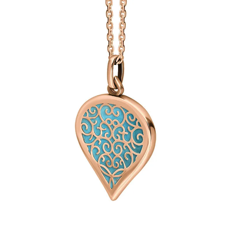 18ct Rose Gold Turquoise Flore Filigree Medium Heart Necklace