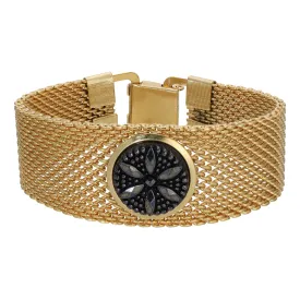 1928 Jewelry Black Glass Flower Gold Mesh Bracelet