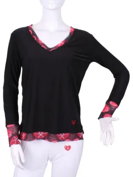 Black LS Very Vee Tee with Heart Trim