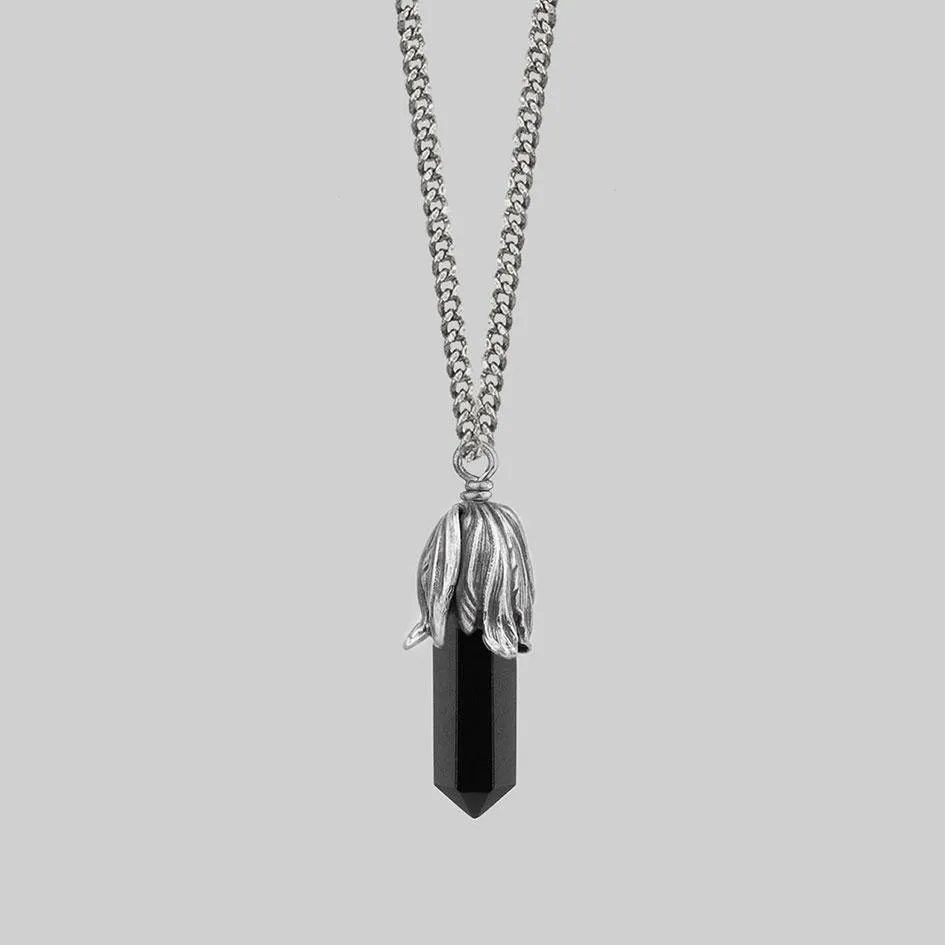 DEATH BLOOM. Black Agate Gemstone Necklace - Silver