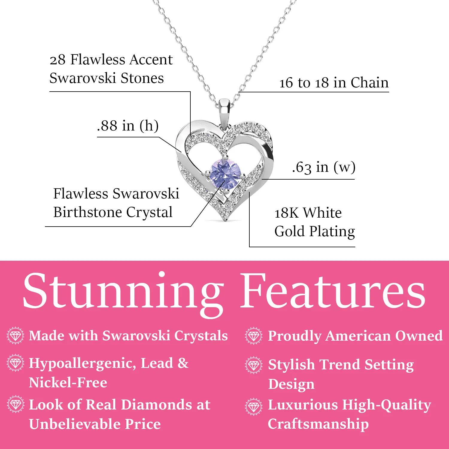 Forever 18k White Gold Plated Birthstone Double Heart Necklace with Crystals