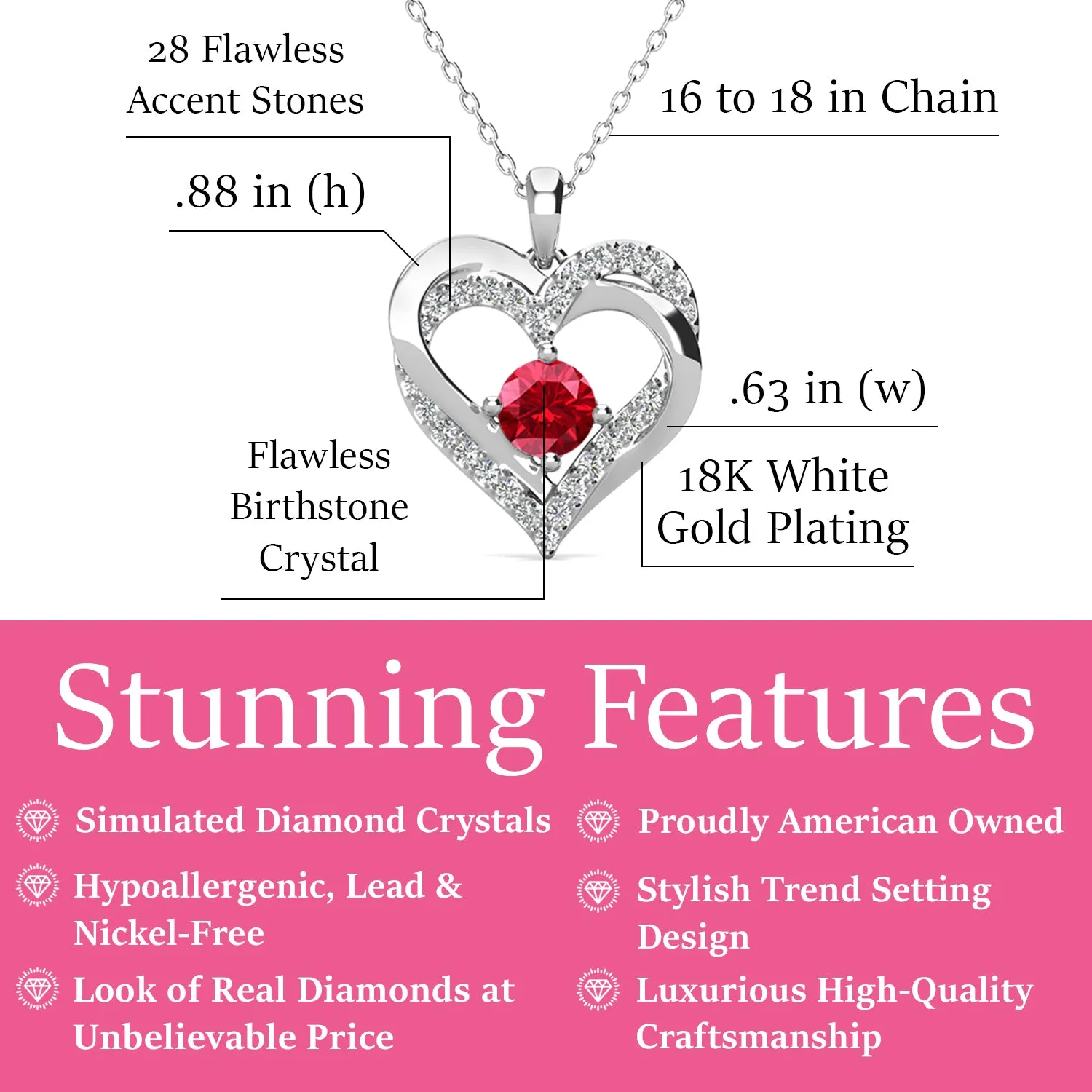 Forever 18k White Gold Plated Birthstone Double Heart Necklace with Crystals