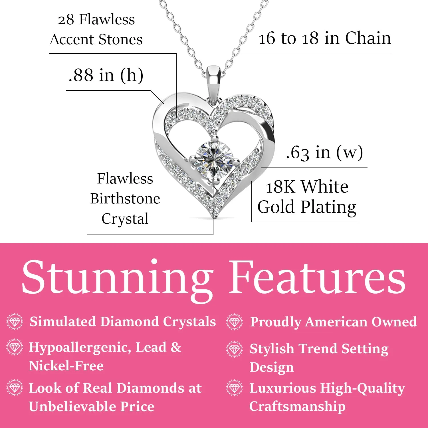 Forever 18k White Gold Plated Birthstone Double Heart Necklace with Crystals