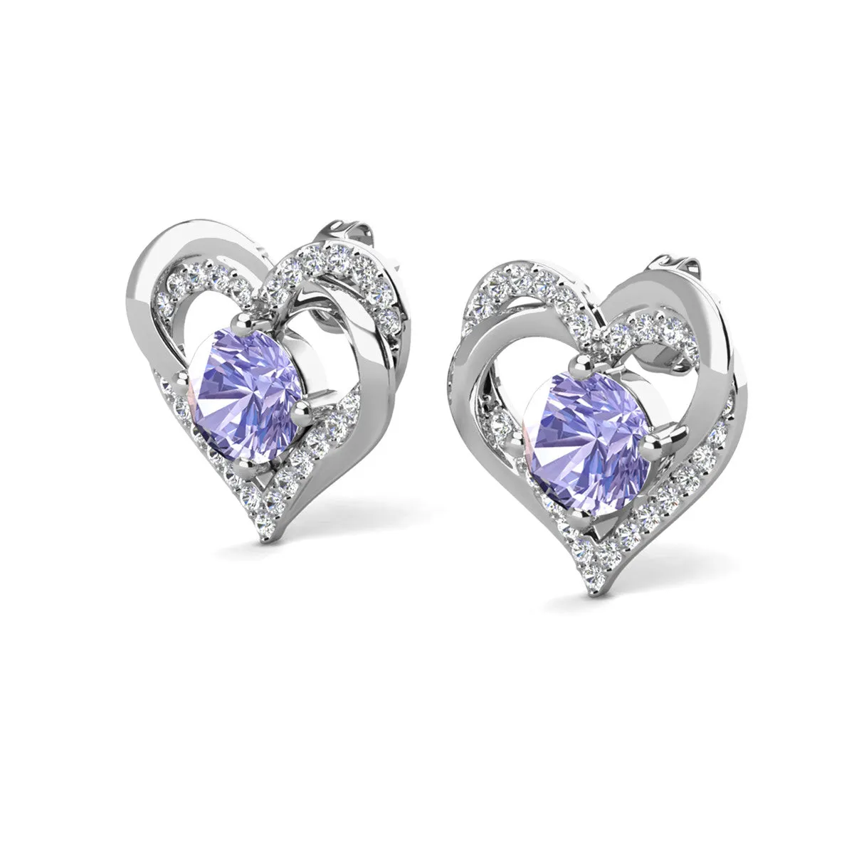 Forever June Birthstone Alexandrite Earrings, 18k White Gold Plated Silver Double Heart Crystal Earrings