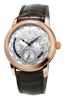 Frederique Constant Classic Worldtimer Manufacture Mens Watch - Rose Gold Tone Stainless Steel, Automatic Movement, Silver Dial, Brown Leather Strap (Model FC-718WM4H4)