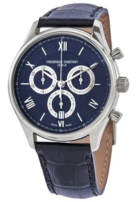 Frederique Constant Classics Chronograph Stainless Steel Blue Dial Blue Leather Strap Date Quartz Mens Watch FC-292MNS5B6