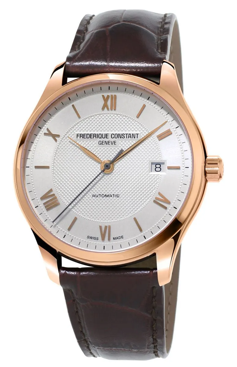 Mens Frederique Constant Classics Index Automatic Watch with Rose Gold Tone Steel, Silver Dial, Date, and Brown Leather Strap