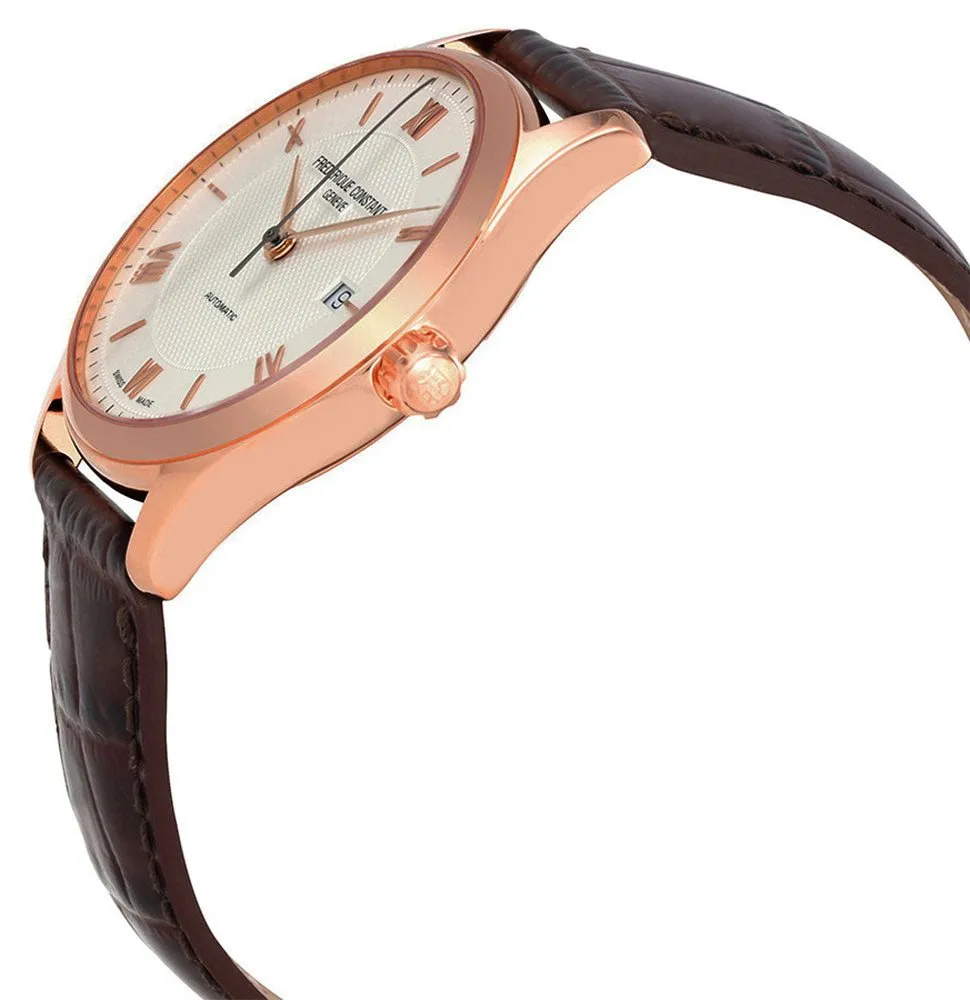 Mens Frederique Constant Classics Index Automatic Watch with Rose Gold Tone Steel, Silver Dial, Date, and Brown Leather Strap