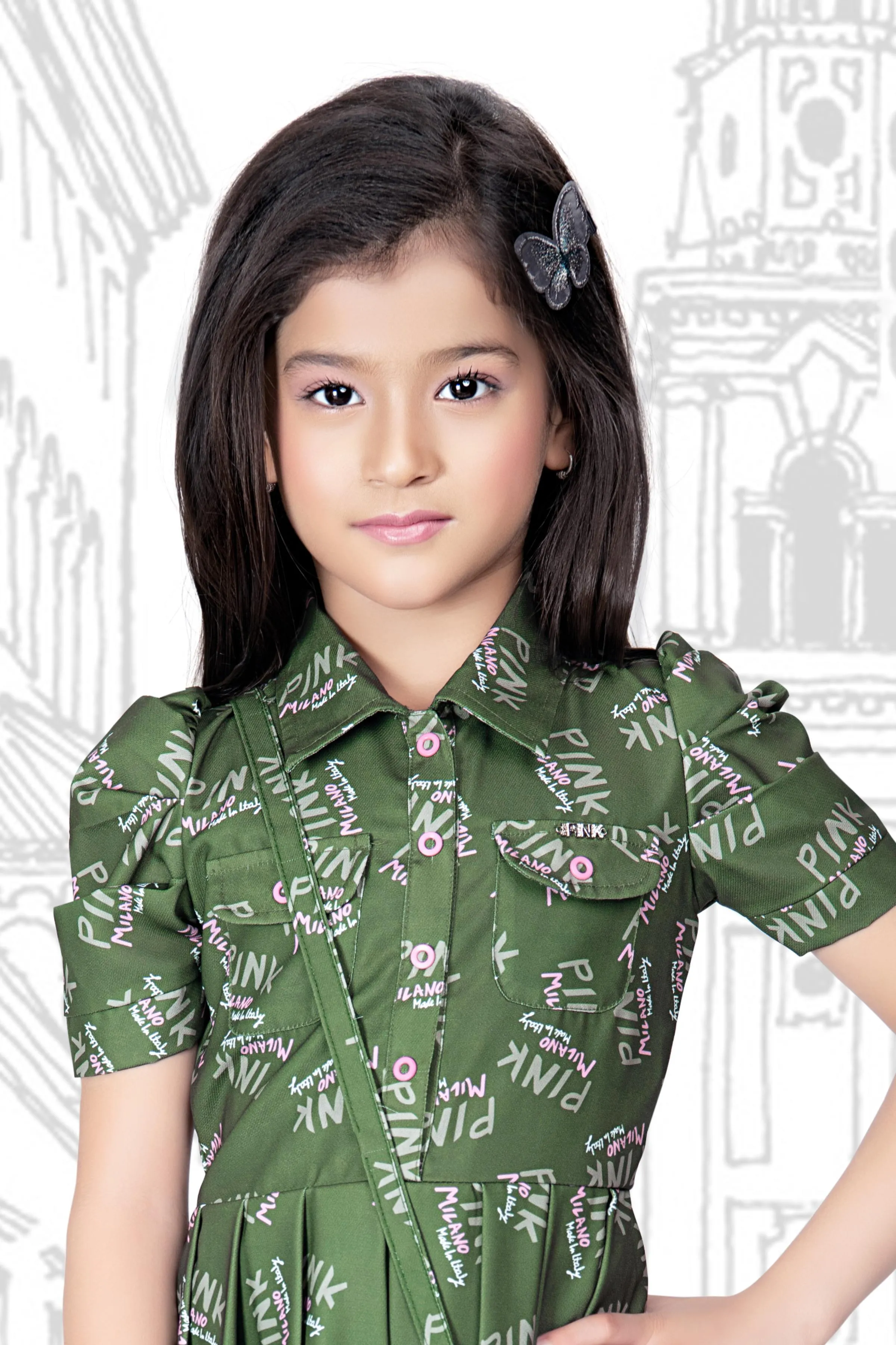 Green Printed Short Jumpsuit for Girls with Bag