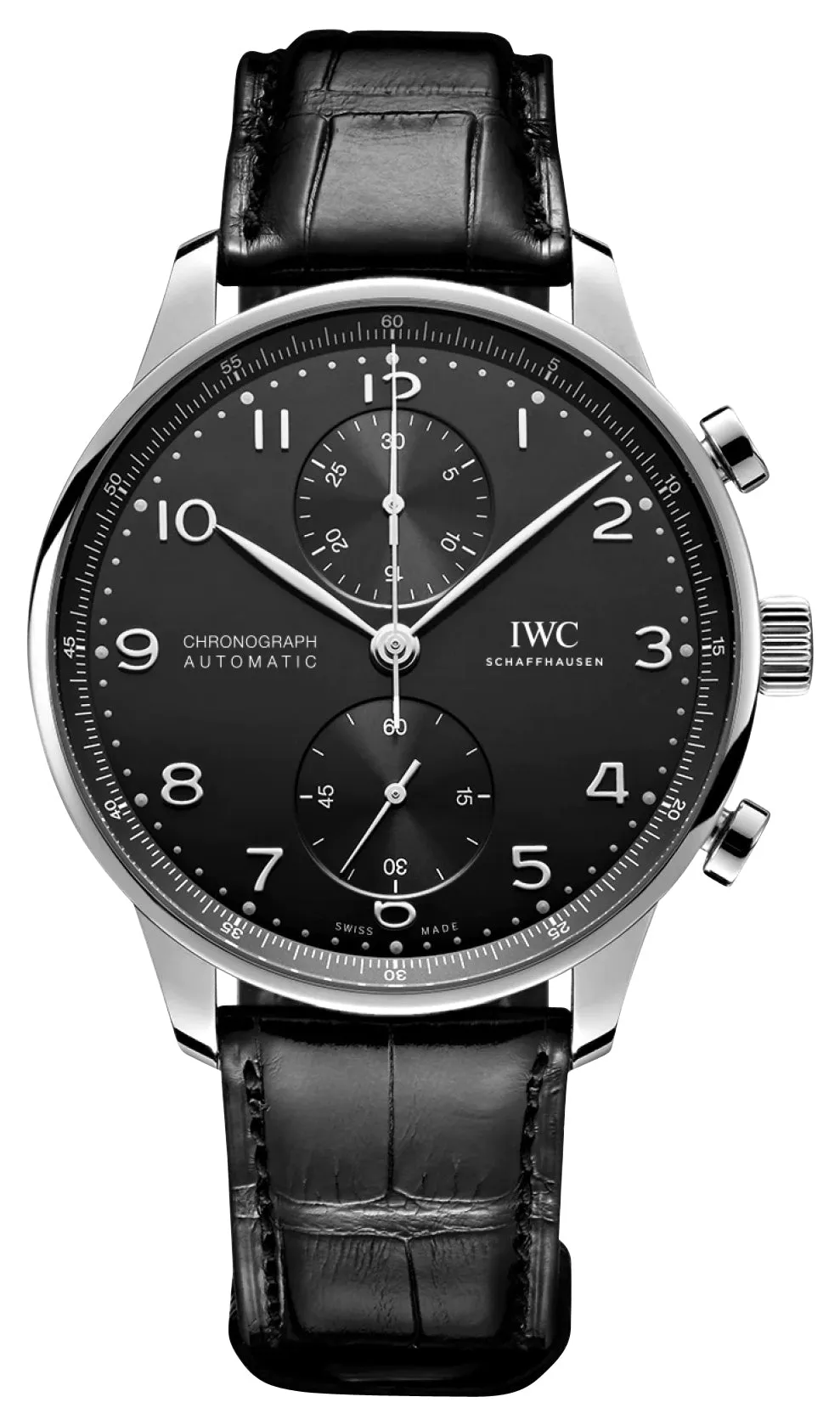 IWC Portugieser Automatic Chronograph Stainless Steel Black Dial Black Leather Strap Mens Watch IW371609