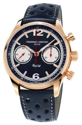 Limited Edition Frederique Constant Vintage Rally Healey Chronograph Automatic Rose Gold Tone Steel Blue Dial Blue Leather Mens Watch FC-397HN5B4