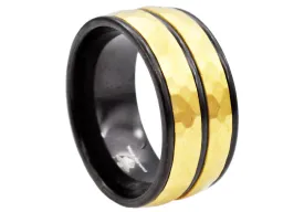 Mens 10mm Black And Gold Stainless Steel Hammered Ring