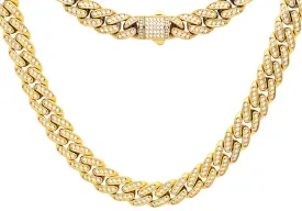 Men's 12mm Gold Plated Stainless Steel Miami Cuban Link Chain Necklace With Box Clasp and CZ Links