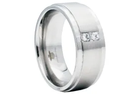 Mens 9mm Brushed Stainless Steel Ring With Cubic Zirconia