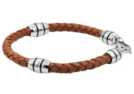 Mens Brown Leather Stainless Steel Bracelet