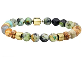 Mens Genuine African Turqoise And Jasper Gold Stainless Steel Beaded Bracelet