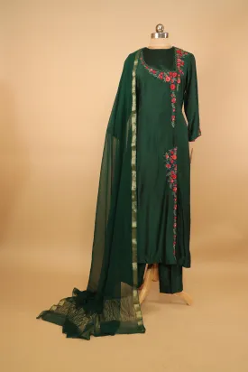 Pure Silk Dark Green Hand Embroidered Suit Dupatta