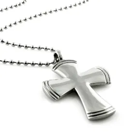 Stainless Steel Rippled Christian Cross Pendant Necklace -24inch Chain